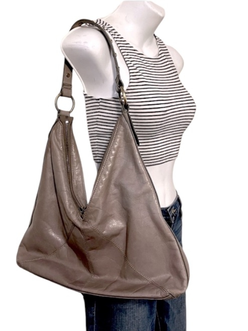 B Collective Unique Taupe Gray Leather Slouchy Shoulder Hobo Handbag Purse